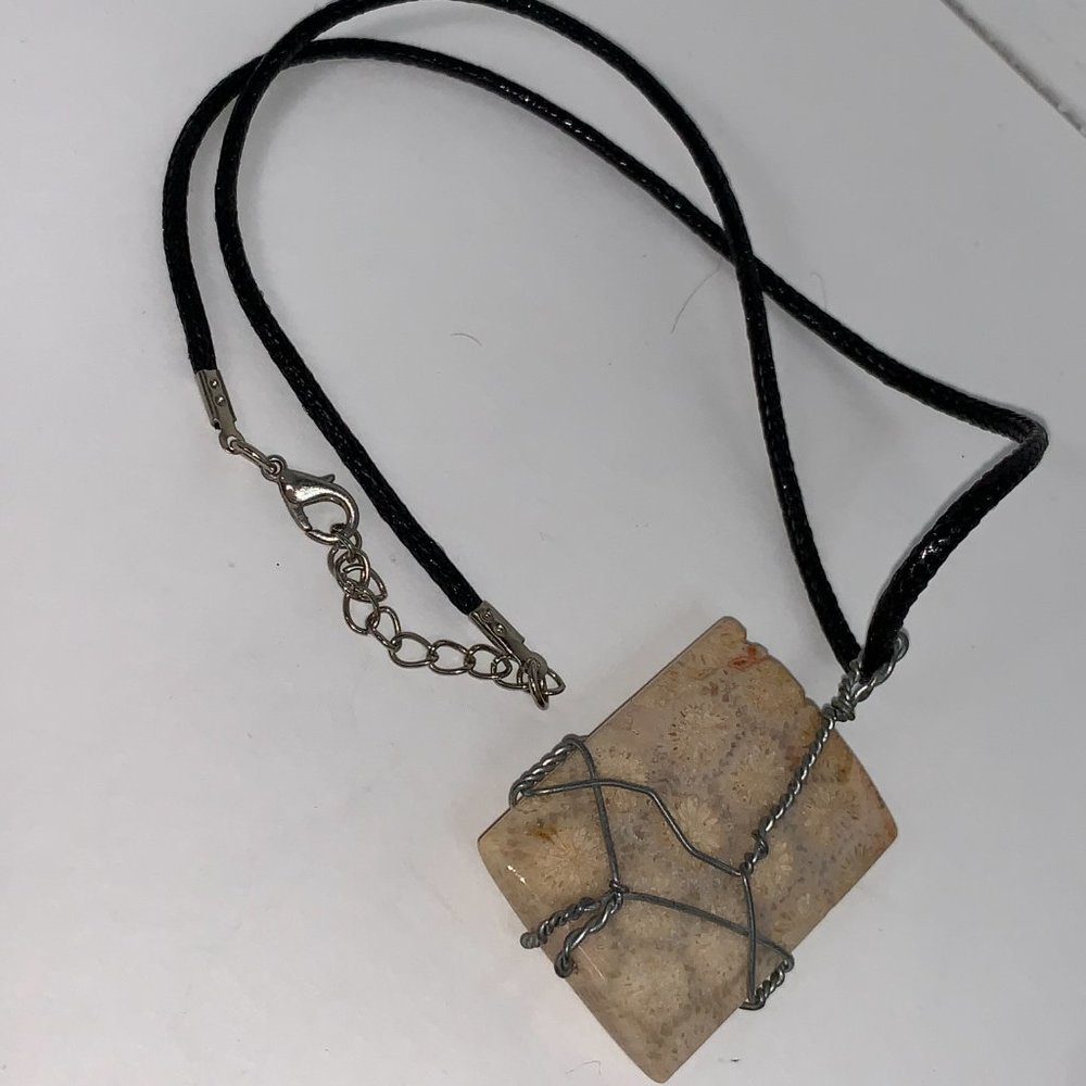 20" Braided Leather necklace with Wire wrapped Fossilized Coral Pendant - Picture 8 of 8